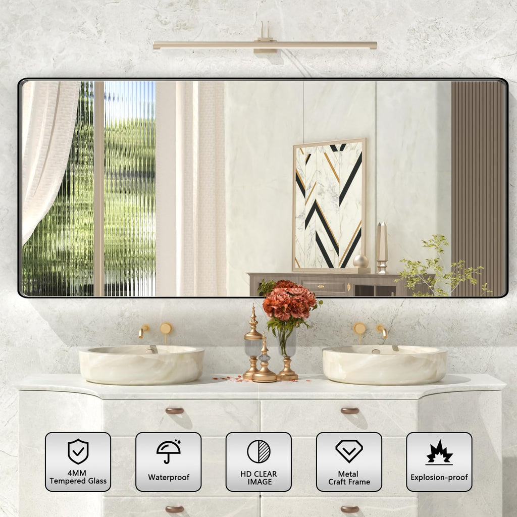 Istripmf Matte Black Bathroom Mirror,72X32 Inch Large Black Metal Frame Vanity Mirror,Round Corner Black Rectangle Mirror For Wa