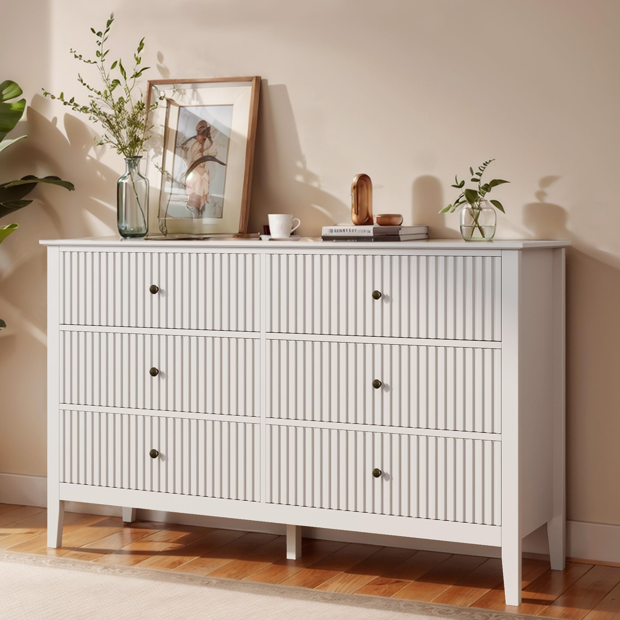 May in Color Fluted 6 Drawer Dresser, Modern Closet Organizer Dressers, Double Chest of Drawers with Soft Close Drawers, Wood St