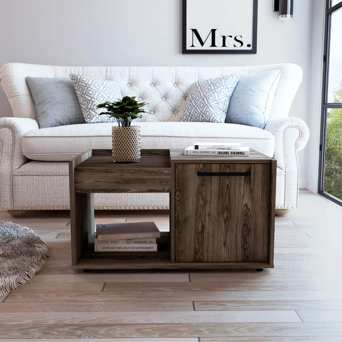 Ambar Coffee Table, 1 Open Shelf, Single Door Cabinet, Dark Walnut