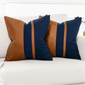 Vfuty Set Of 2 Navy And Brown Decorative Throw Pillow Covers 18X18 Inch Faux Leather And Cotton Patchwork Pillow Cover,Modern Fa