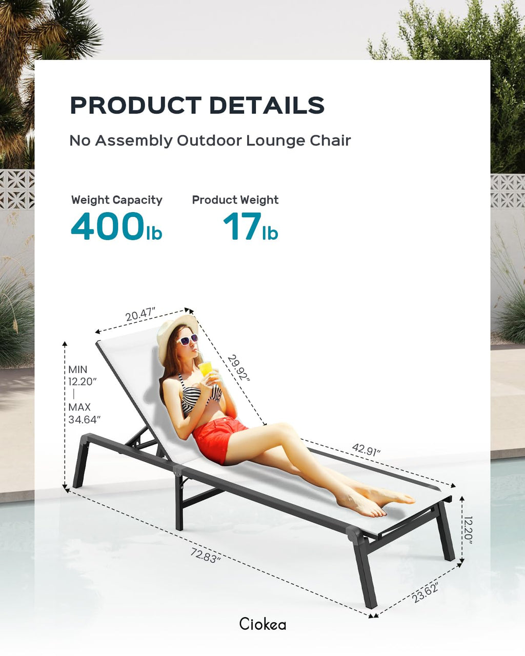Aluminum Chaise Lounge Ourdoor - Foldable & Assemble Free Outdoor Lounge Chair With 5 Adjustable Backrest, Patio Lounge Chair For Outside Poolside Beach Pool, White