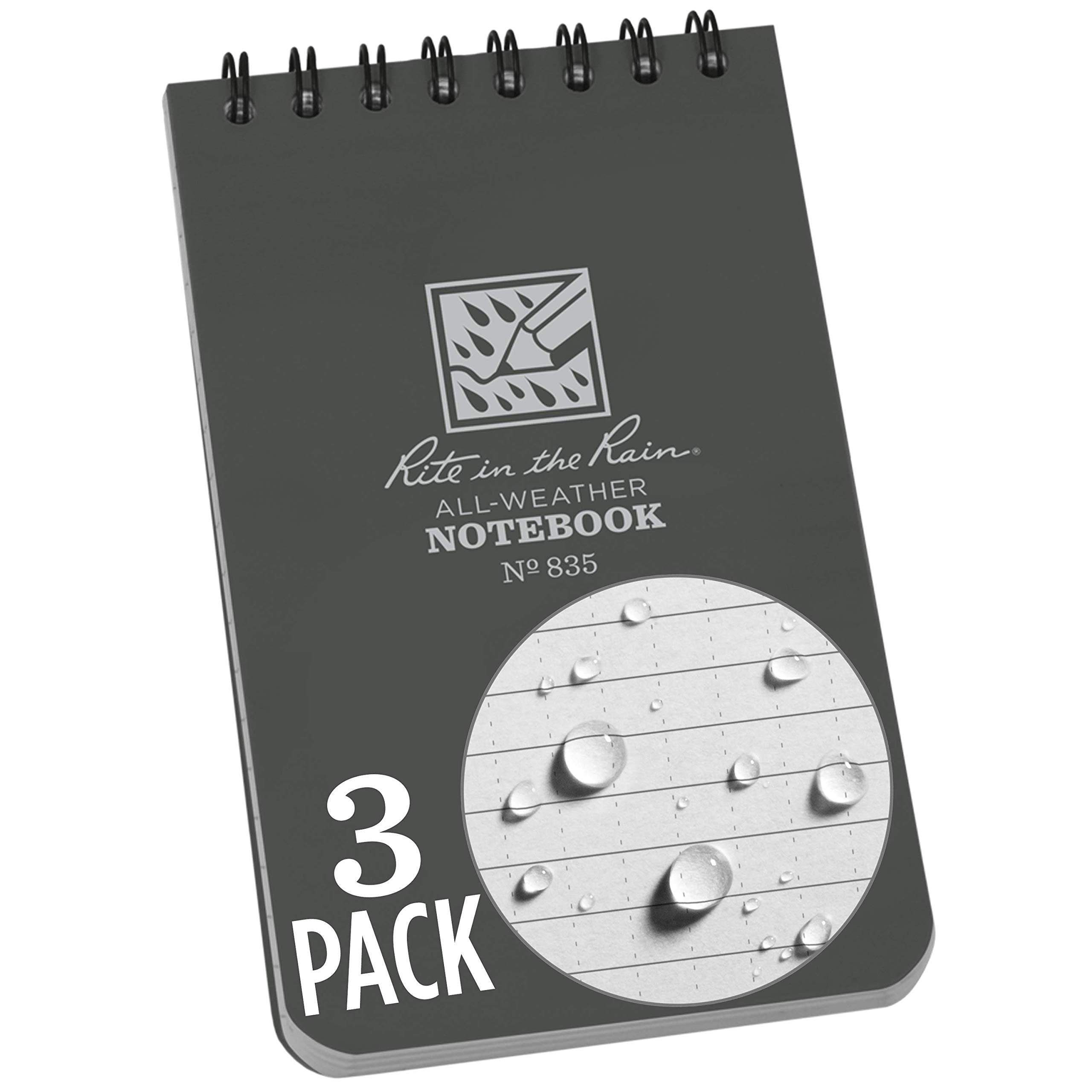 Rite In The Rain Weatherproof Top Spiral Notebook, 3' X 5', Gray Cover, Universal Pattern, 3 Pack (No. 835-3X)