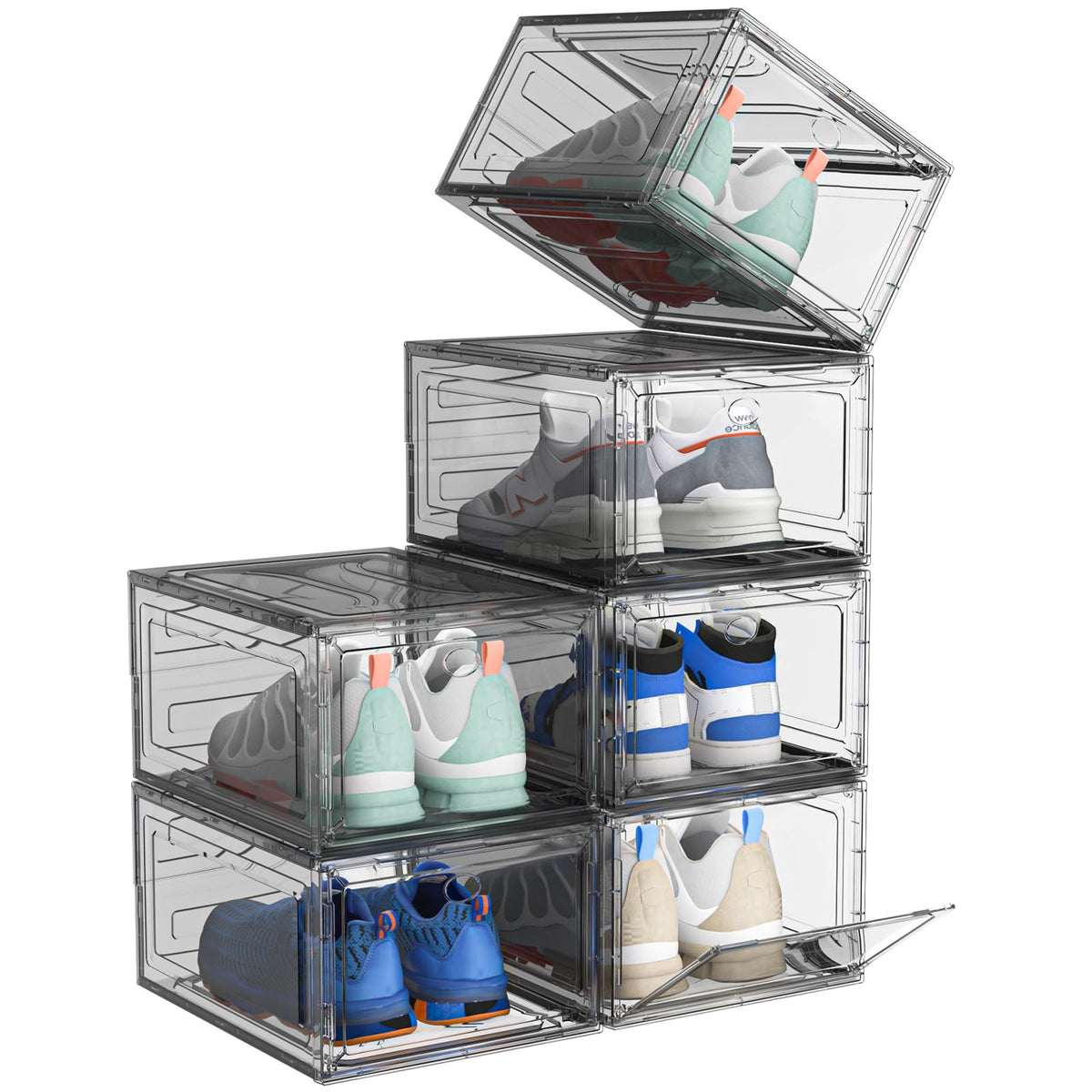 Arstpeoe Upgrade Harder Solid Plastic Shoe Organizer, Shoe Storage With Magnetic Front Door, Shoe Rack 6 Pack Shoe Boxes Clear,