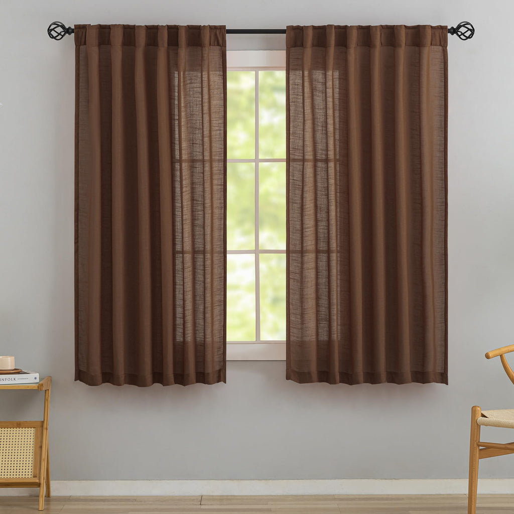 Cocoa Brown Linen Back Tab Curtains 72 Inches Long 2 Panels Set For Guest Room - Modern Country Rod Pocket Semi Sheer Privacy Drapes Hooks Belt Pleated Light Filtering Playroom Curtains