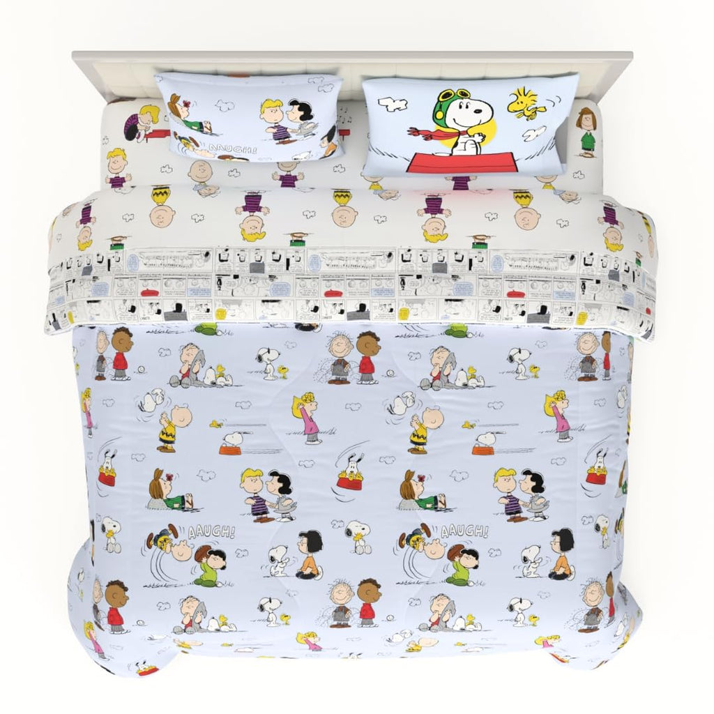 Franco Collectibles Peanuts 7 Piece King Comforter and Sheet Set Microfiber Blue