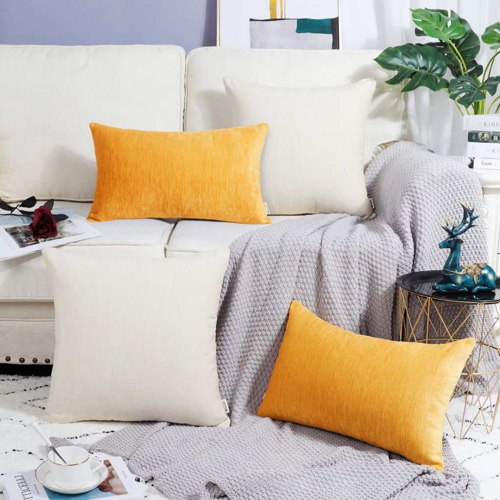 Brawarm Chenille Throw Pillow Covers 22X22 Inches - Cream Chenille Pillow Covers Pack Of 2, Solid Dyed Soft Chenille Pillow Case