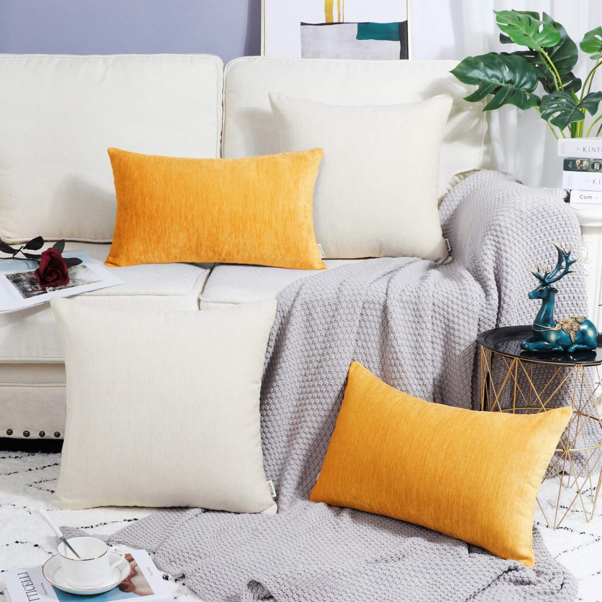 Brawarm Chenille Throw Pillow Covers 22X22 Inches - Cream Chenille Pillow Covers Pack Of 2, Solid Dyed Soft Chenille Pillow Case