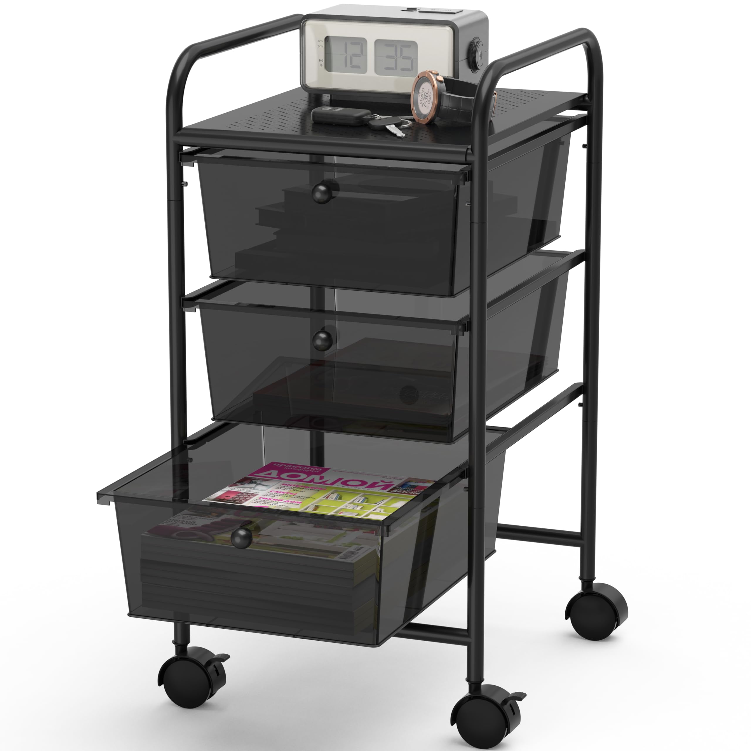 Simple Houseware Utility Cart with 3 Drawers Rolling Storage Art Craft Organizer, Black