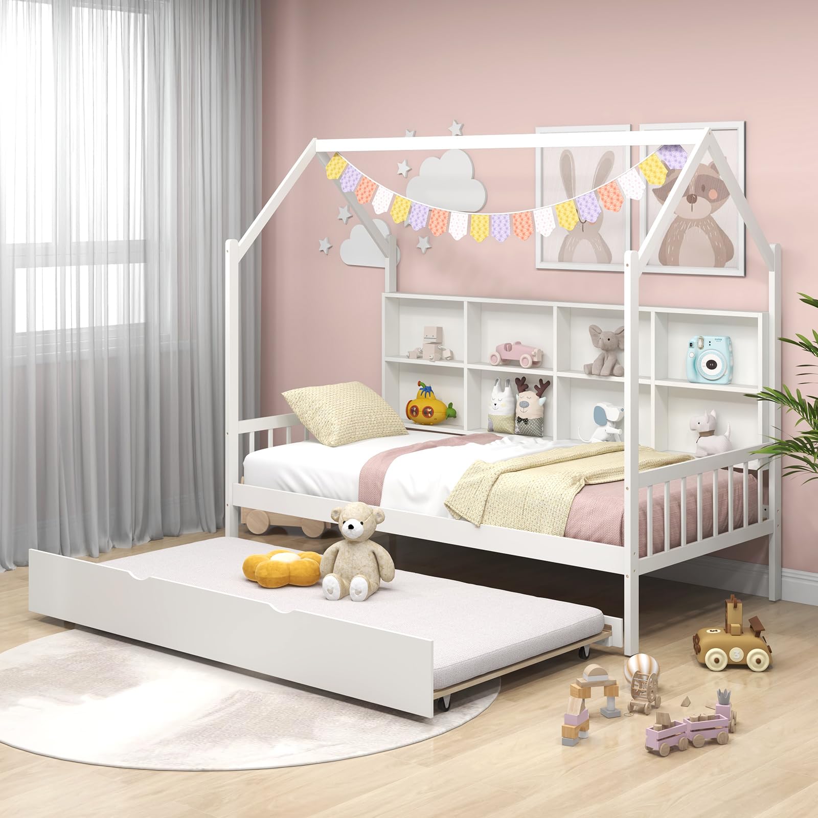 Komfott Wood Twin House Bed With Trundle, Kids Playhouse Platform Bed Frame With Roof & 8 Storage Shelves, 2-In-1 Montessori Bed For Kids Boys Girls, No Box Spring Needed, White