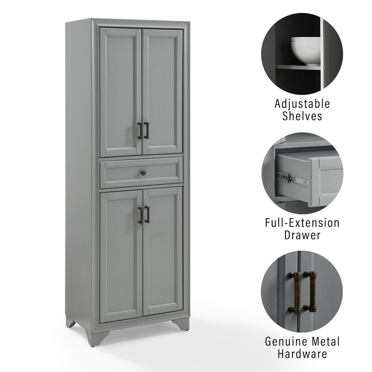 Crosley Furniture Tara 3-Piece Entertainment Center with TV Stand, Storage Cabinets, and Adjustable Shelves, Distressed Gray