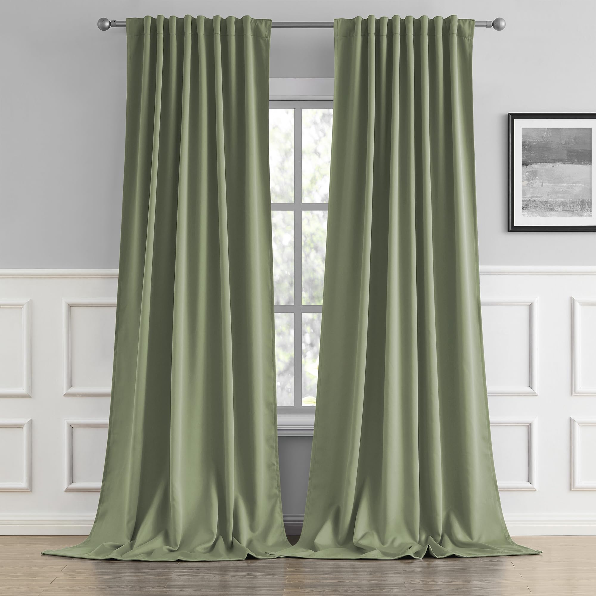 DUALIFE Light Sage Green Curtains 108 Inches Long Back Tab/Rod Pocket Room Darkening Curtain Panels Window Drapes Light Blocking