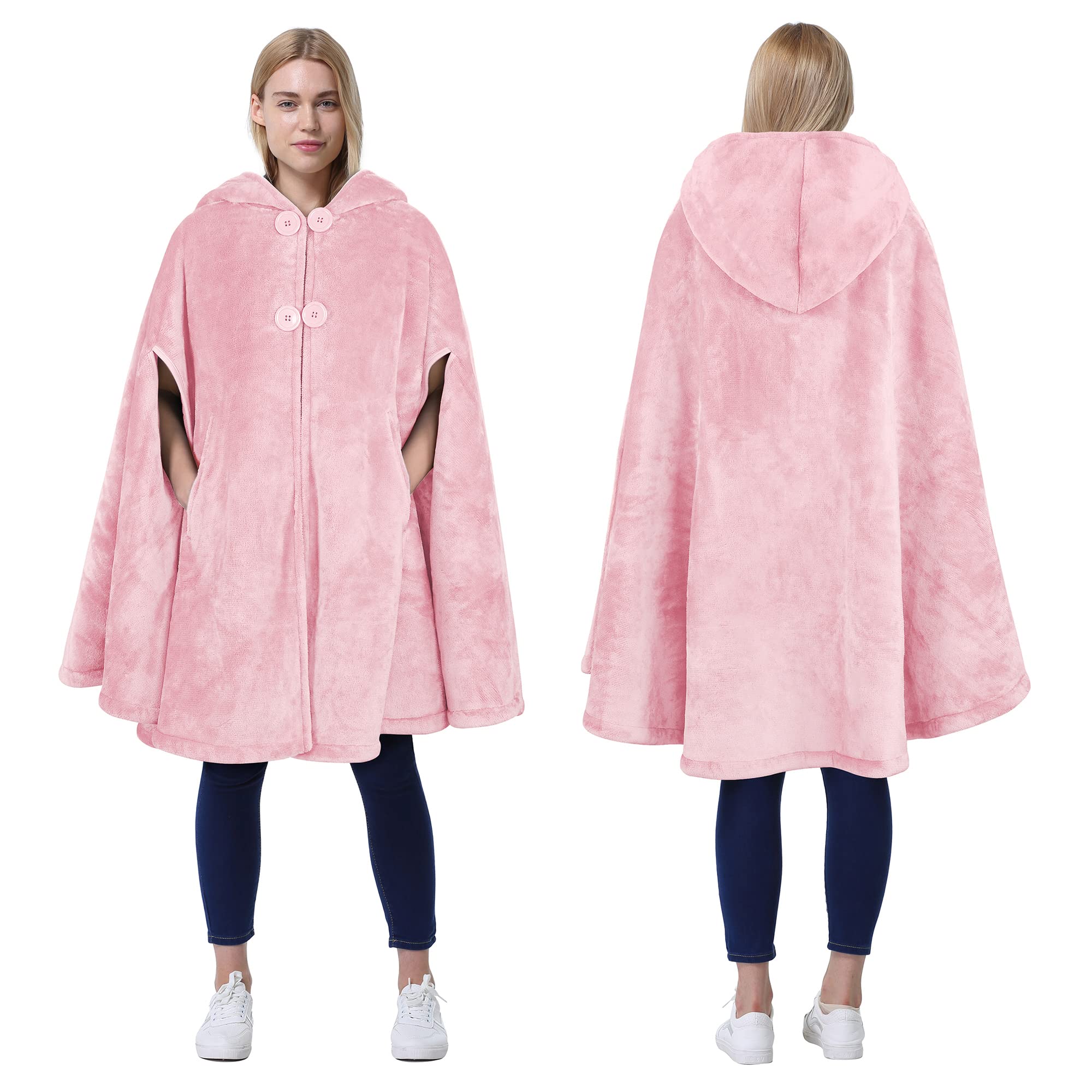Catalonia Women'S Pink Poncho Cape, Sherpa Fleece Cloak Coat, Snuggly Hooded Wearable Blanket, Gift Idea For Mom And Teen Girls