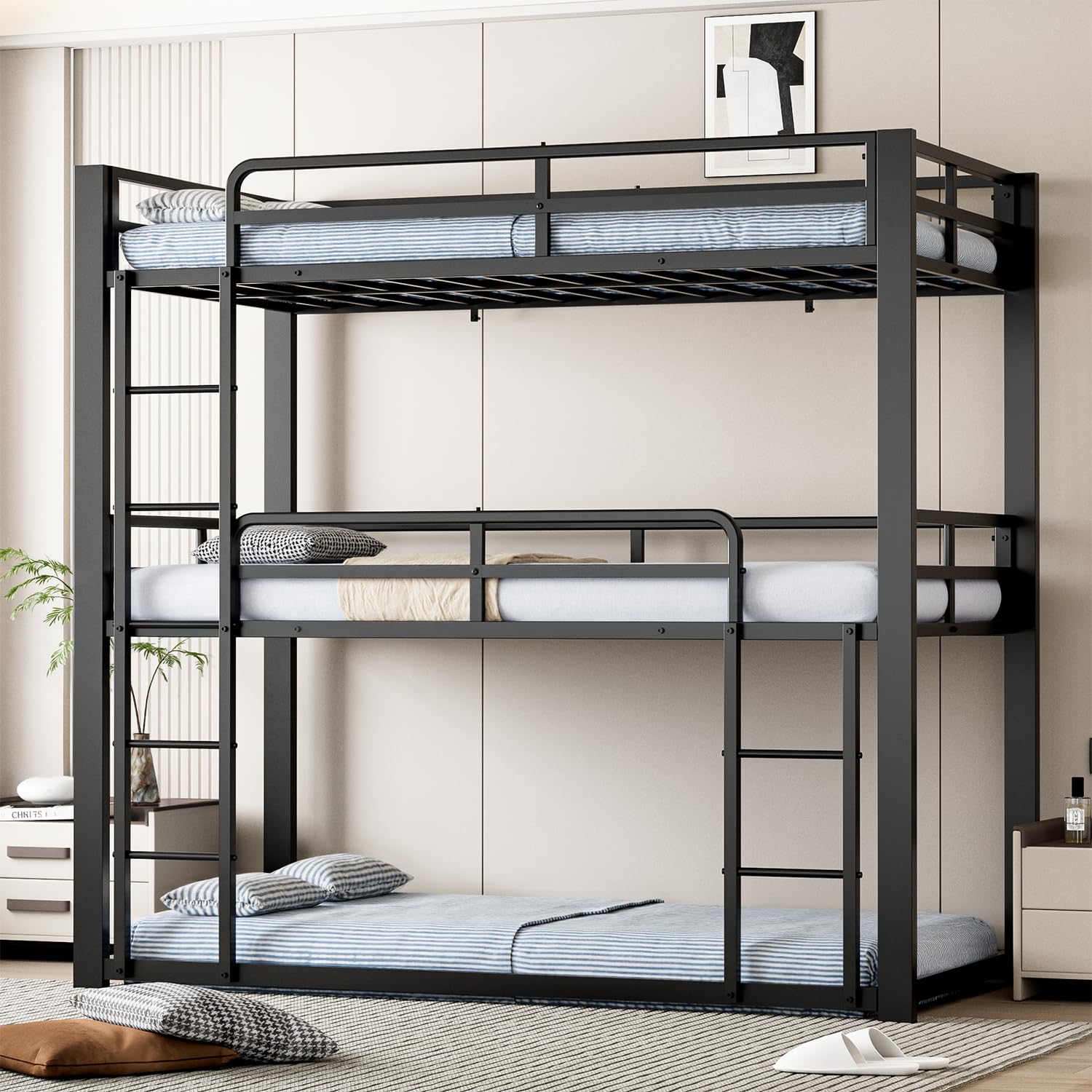 Mixcous Metal Triple Bunk Bed, Twin Over Twin Over Twin Heavy Duty Bunkbeds, Full-Length Guardrail Family-Friendly for All Ages,