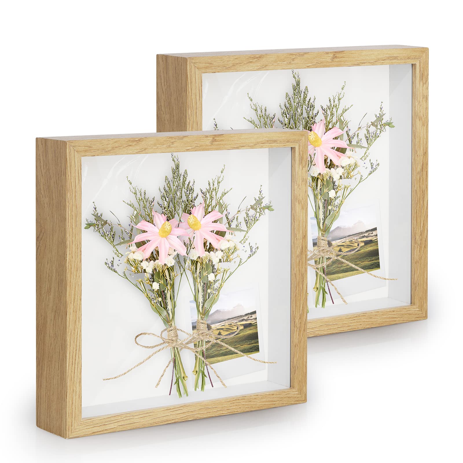 Anhow 2pcs 8x8 Shadow Box Frame, 3D Picture Frame Display Cas with Real Transparent Glass for Photos, Memorabilia, Crafts, Souve