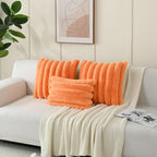 Futei Orange Decorative Throw Pillow Covers 18X18 Inch Set Of 2, Square Soft Faux Rabbit Fur Big Striped Cushion Cover,Home Deco