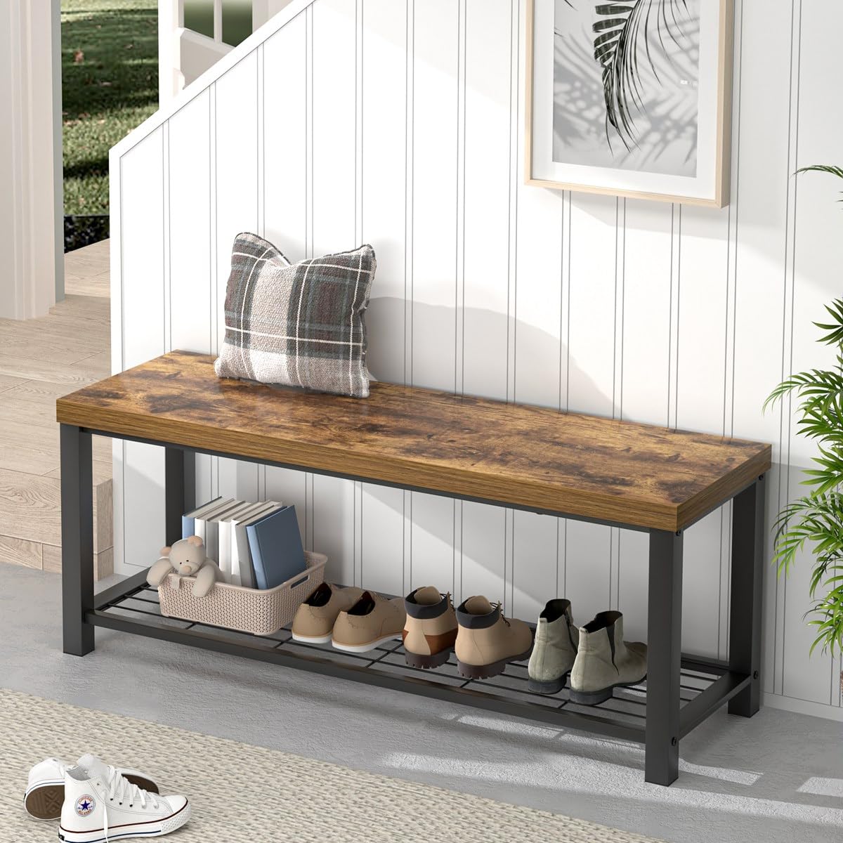 EXCEFUR Entryway Bench, Modern Wood and Metal Storage Bench for Hallway Front Door Entrance, Industrial Indoor Shoe Rack Bench S