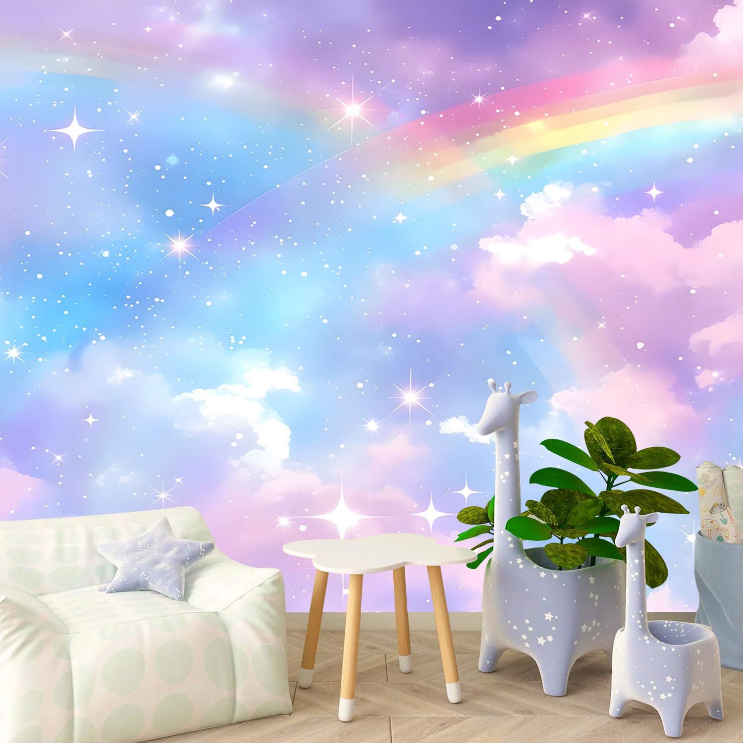 PYFFYP- Colorful Cloud self-Adhesive Wallpaper Rainbow Star wall murals for Kids Room