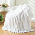 Newcosplay Super Soft Throw Blanket White Premium Silky Flannel Fleece 3D Ribbed Jacquard Lightweight Bed Blanket All Season Use