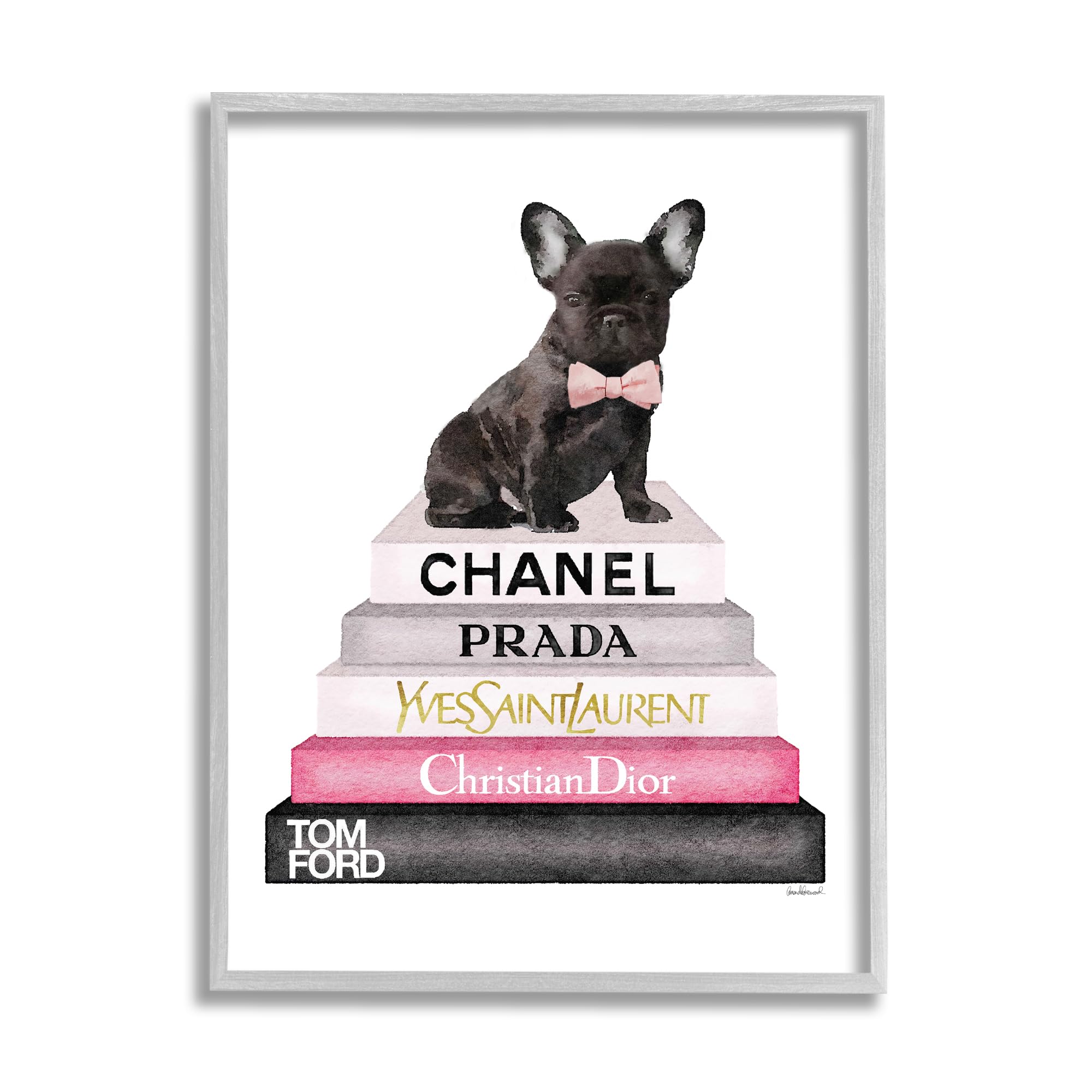 Stupell Industries Book Stack Fashion French Bulldog Gray Framed Wall Art, 11x14, Multi-Color