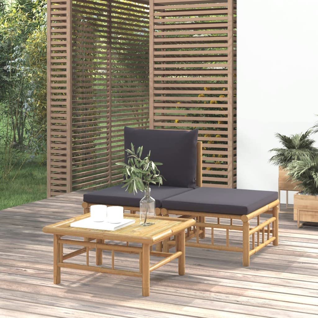 vidaXL Patio Lounge Set – 3 Piece Bamboo Outdoor Furniture Set with Dark Gray Cushions, Flexible Design for Custom Layouts, Durable and Natural Material