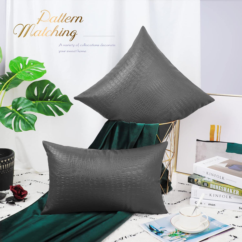 Brawarm Faux Leather Pillow Covers 20 X 20 Inches, Charcoal Gray Leather Pillow Covers Pack Of 2, Crocodile Leather Decorative T