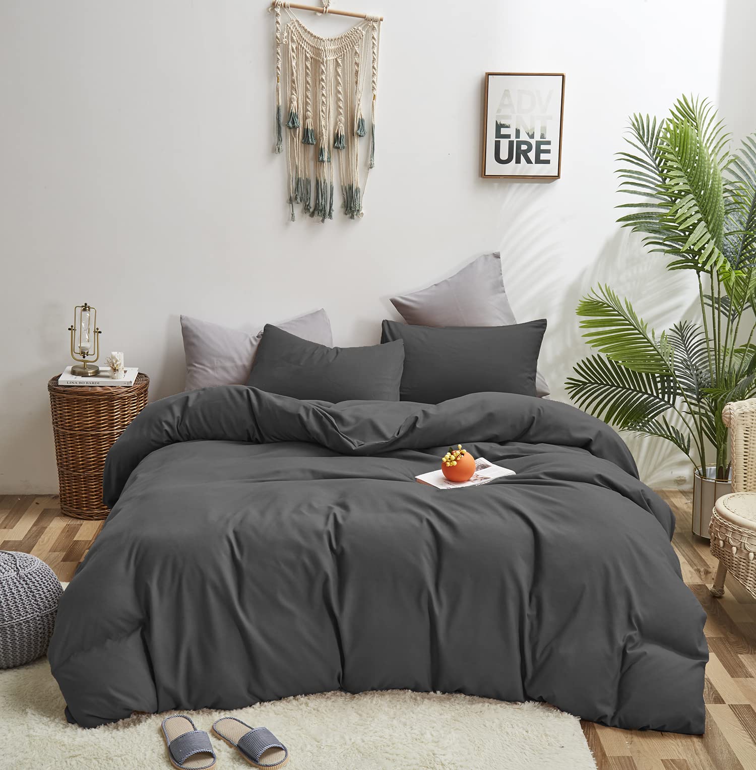 Karever Deep Grey Comforter Set Cal King Dark Gray Beddig Set Women Solid Gray Color Bedding Set 3 Pcs With 2 Pollowcases Lightw