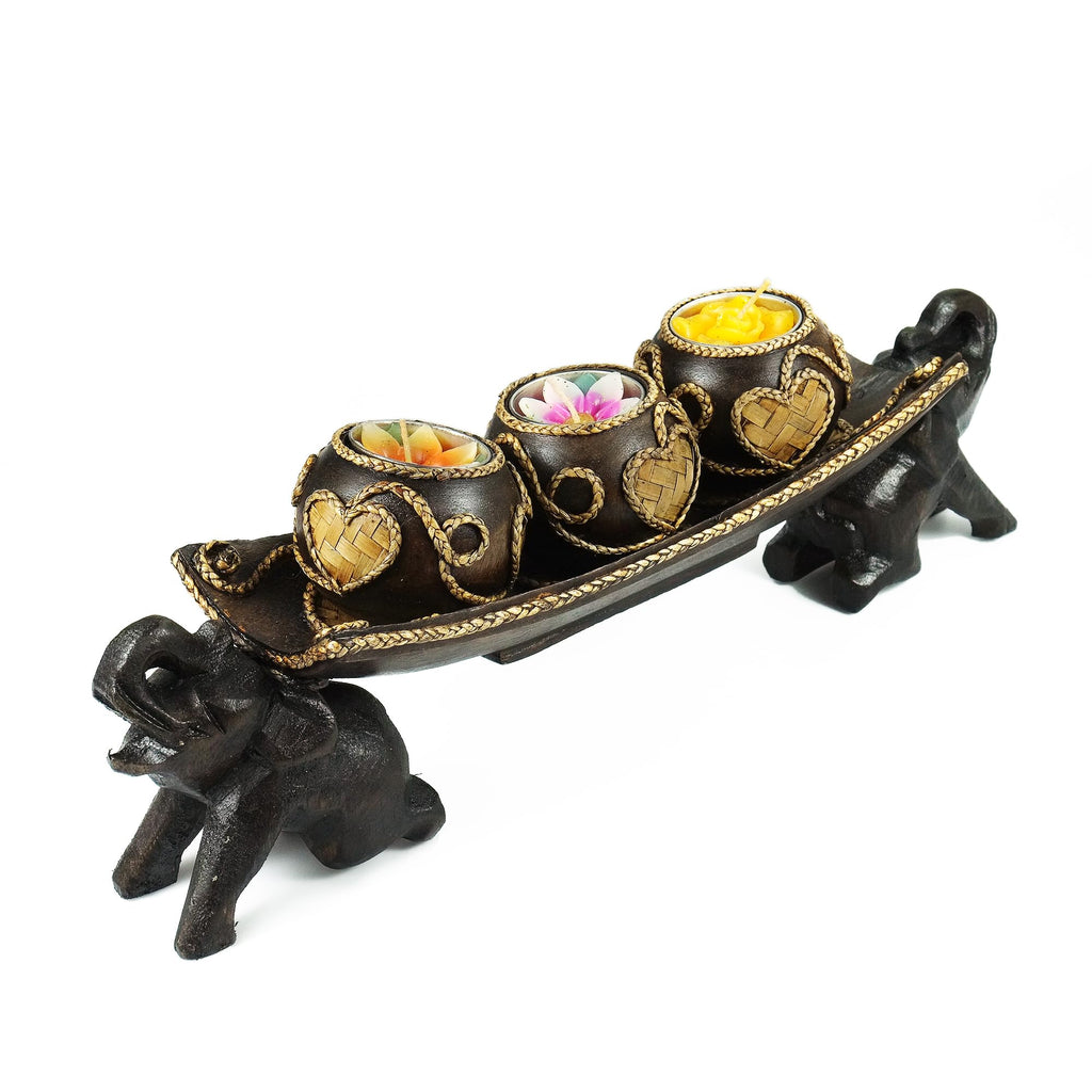 Thai Elephant Tray Carved Rain Tree Wooden Candle Holder