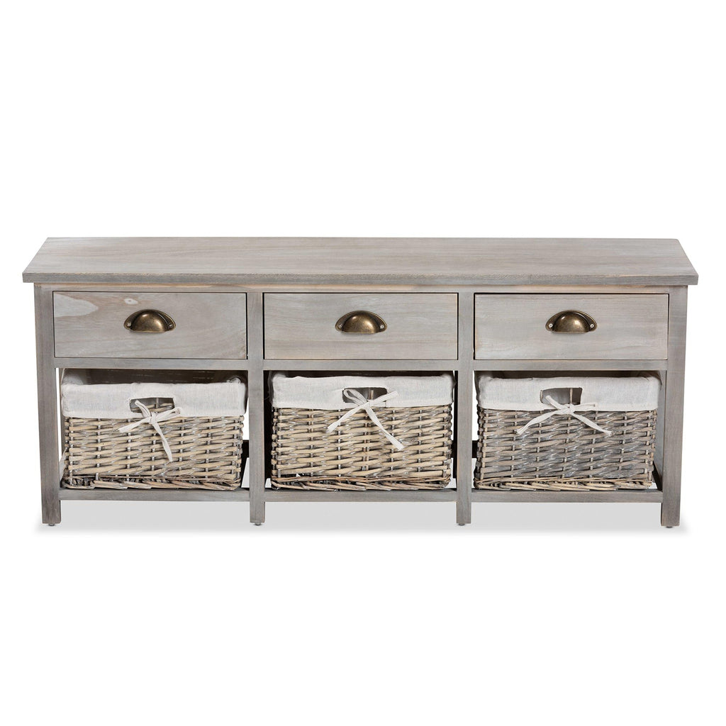 Baxton Studio Mabyn Modern and Contemporary Light Grey Finished Wood 3-Drawer Storage Bench with Baskets
