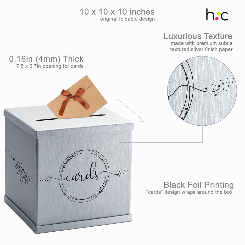 Silver Card Box For Party, Large 10X10 Wedding Reception Envelope Box, Gray & Black Money Gift Card Box For Funeral Memorial, Bi