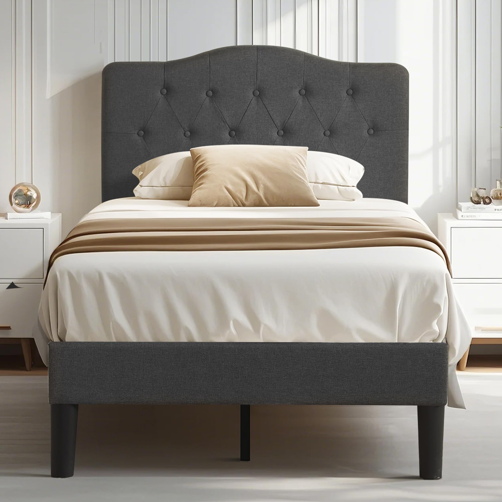 VECELO Twin Size Bed Frame Upholstered Platform with Tufted Adjustable Headboard/Mattress Foundation with Wood Slat Support, Eas