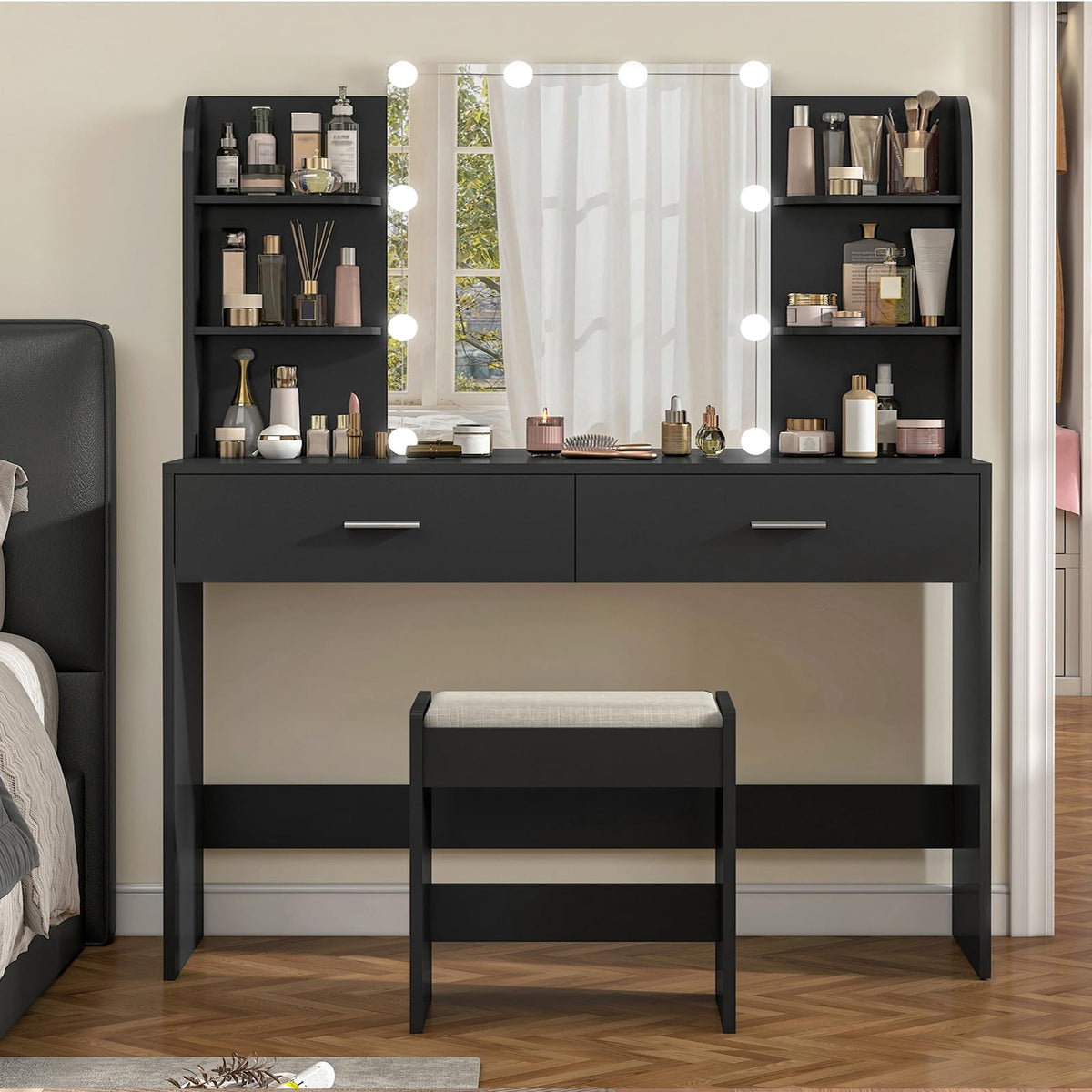 Usikey Vanity Desk With Mirror And Lights, Vanity Makeup Table Set With 2 Drawers & 6 Open Shelves, Makeup Vanity Desk Dressing