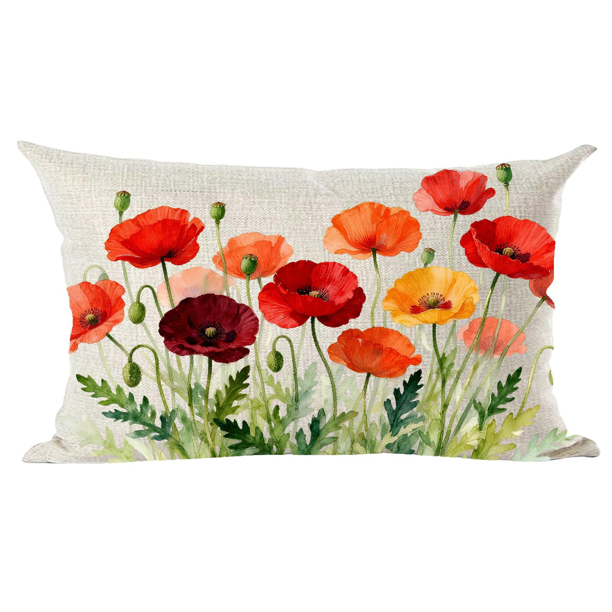 Ramirar Ink Oil Painting Watercolor Retro Red Orange Pink Poppy Flowers Decorative Lumbar Throw Pillow Cover Case Cushion Home L
