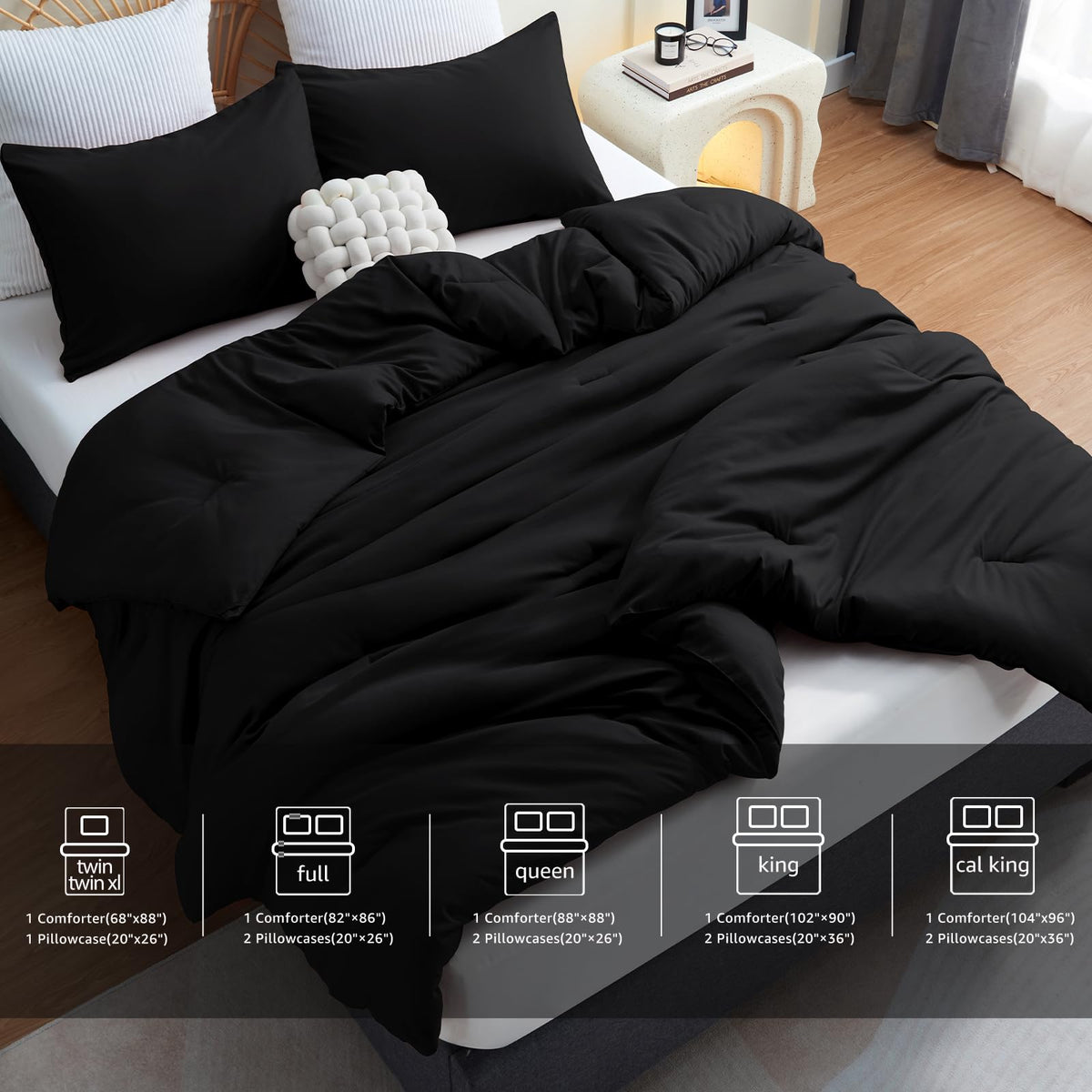Cozylux California King Comforter Set Black, 3 Pieces Cal King Solid Breathable Boho Style Bedding Sets, Cozy Luxury Fluffy Soft Microfiber Quilt Comforter For All Season(1 Comforter & 2 Pillowcases)