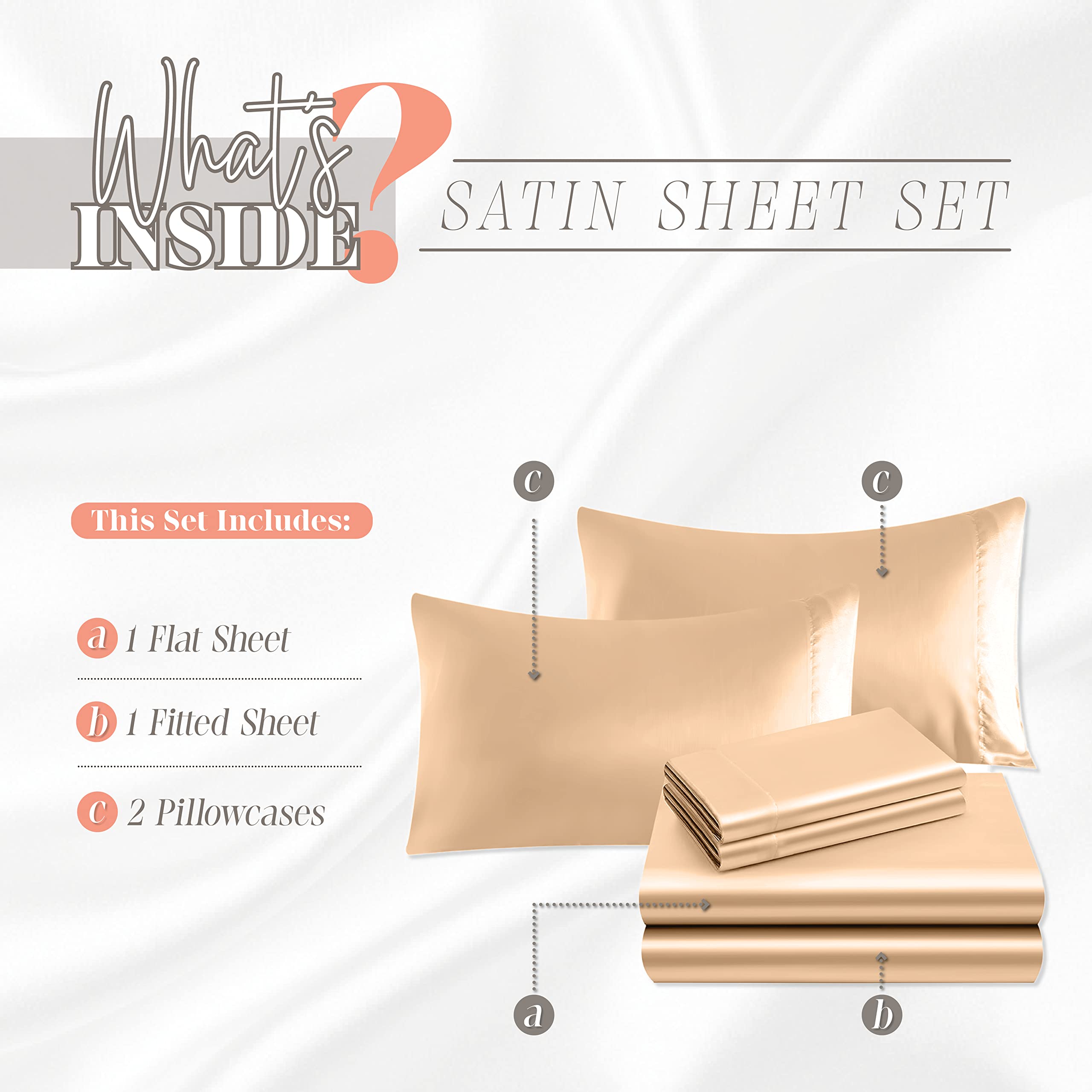 Elegant Comfort Luxurious 4-Piece Silky Satin Sheet Set, Skin And Hair Friendly, Wrinkle, Fade, Stain Resistant With Deep Pockets Fitted Sheet, Cooling Soft Satin Sheet Set, Full, Champaign
