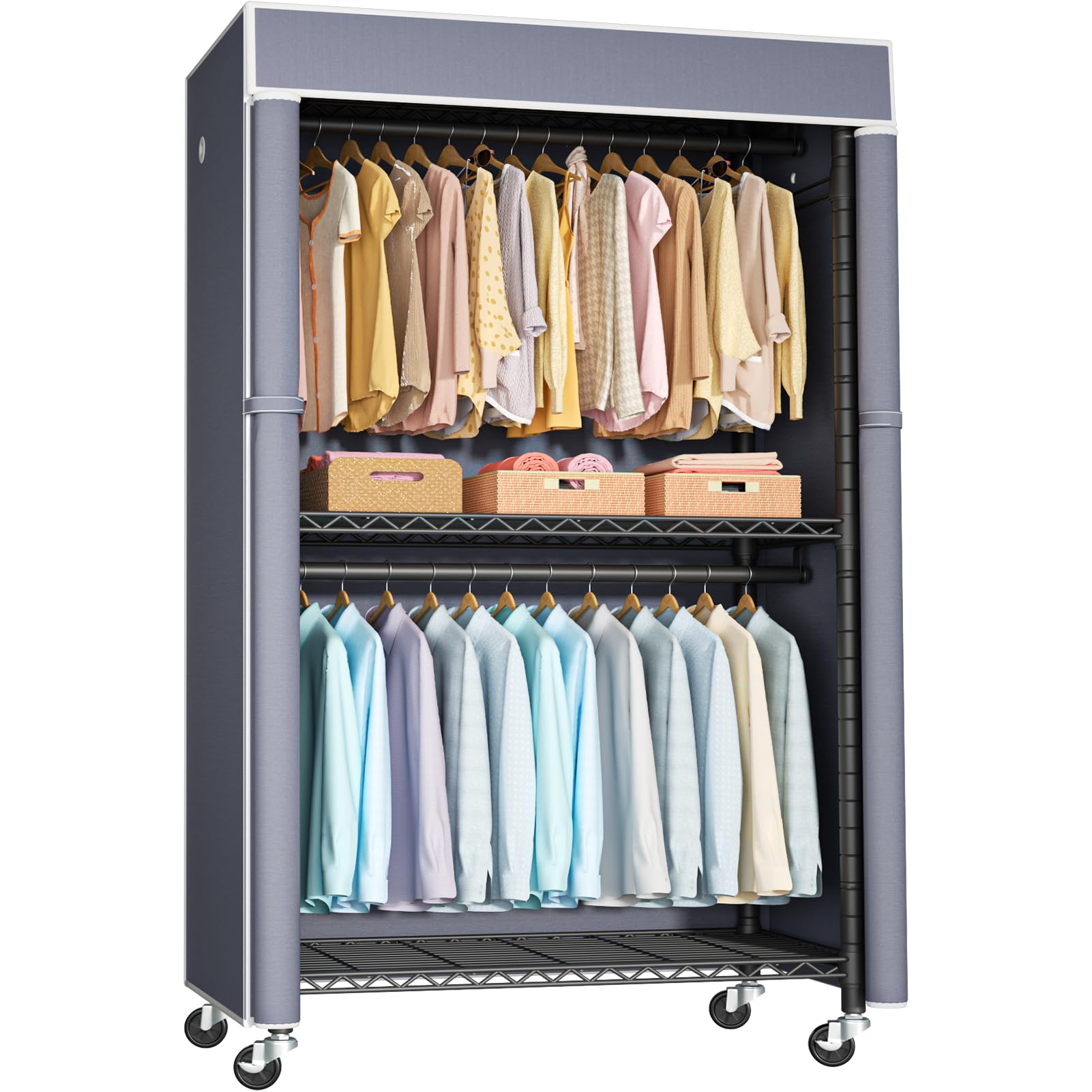 FUTASSI Black Clothing Rack with Grey Cover, P1C Rolling Closet Rack with Wheels, Metal Garment Rack for Hanging Clothes, Clothi