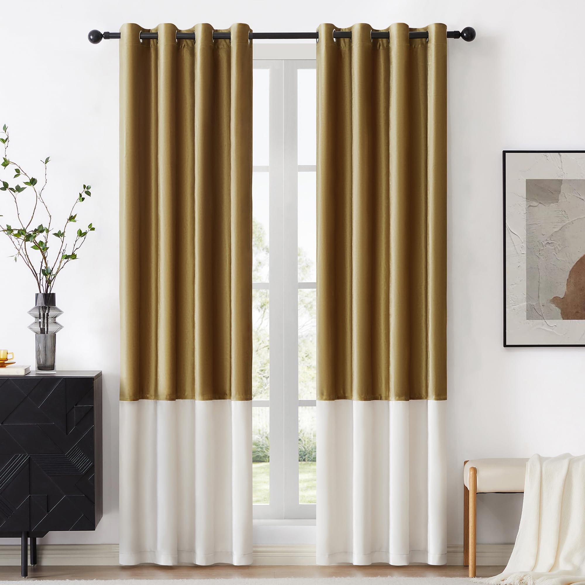 Bulbul Color Block Window Curtains Panels 120 Inches Long Gold Ivory Velvet Farmhouse Drapes For Bedroom Living Room Darkening T