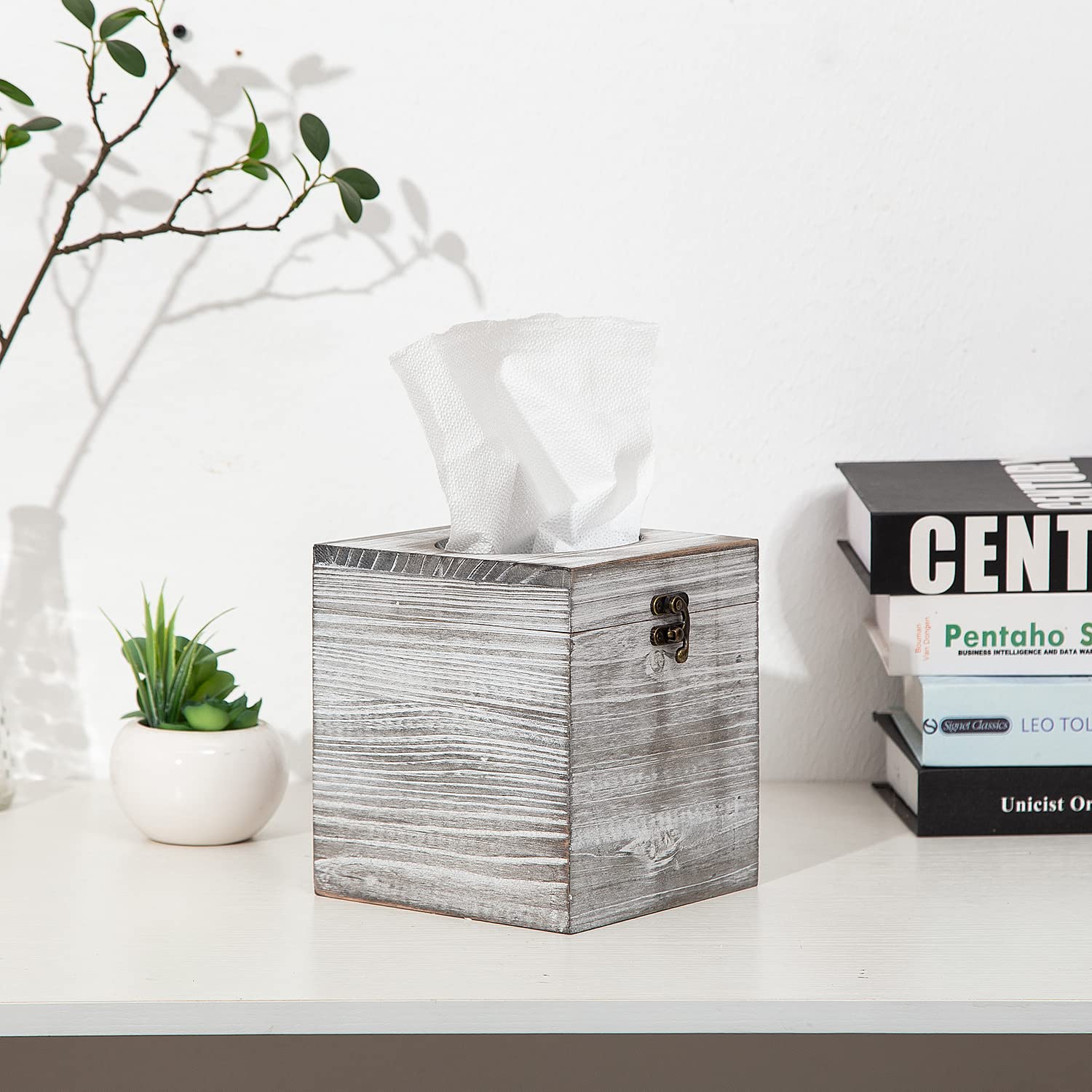 Distressed Farmhouse Square Solid Wood Tissue Box Cover With Slide-Out Bottom Panel Honey Brown Tissue Box Holder For Bathroom L