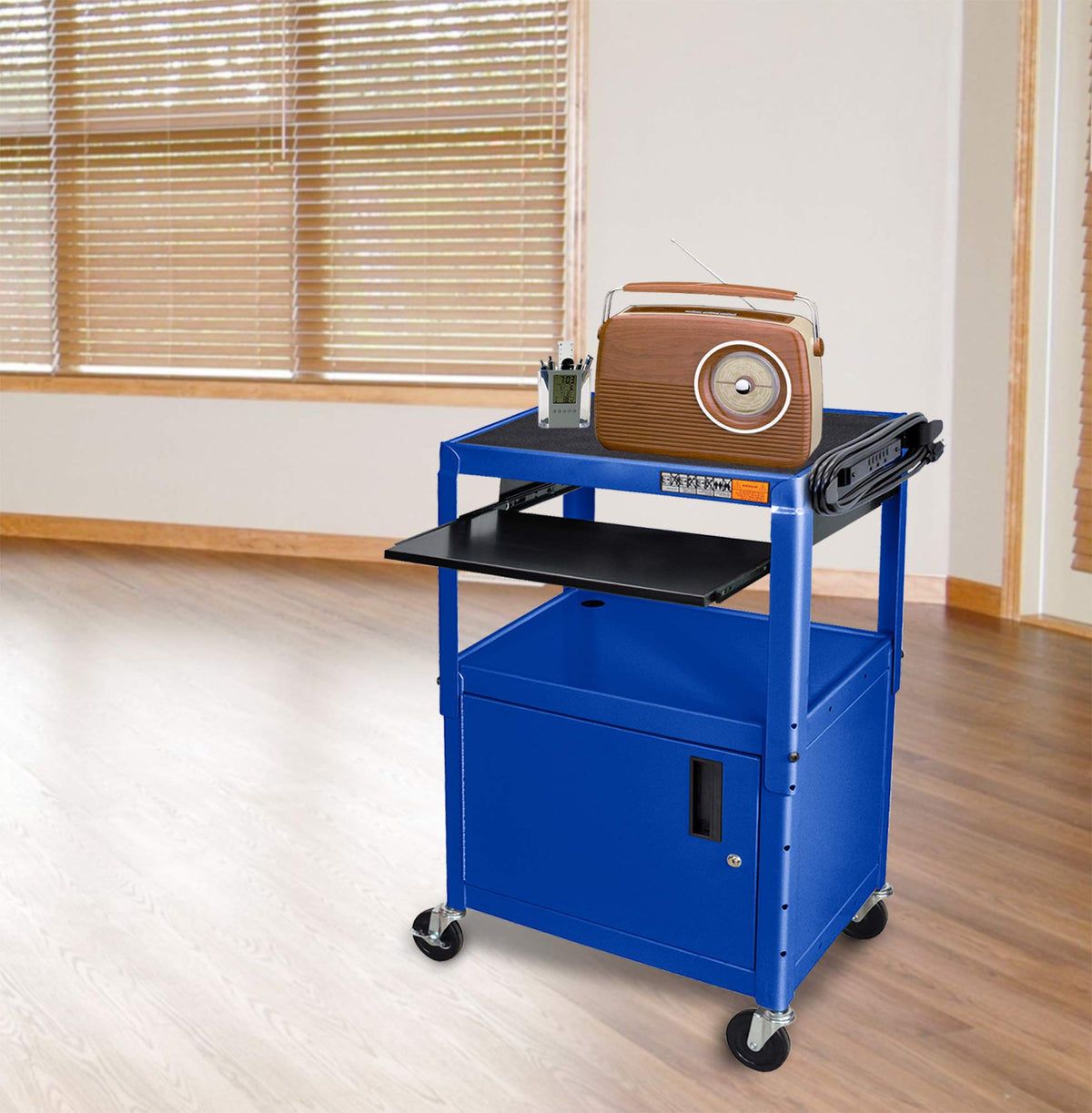 LUXOR AVJ42KBC-RB Steel AV Cart with Adjustable Height, Storage Cabinet and Keyboard Pullout Tray, Blue