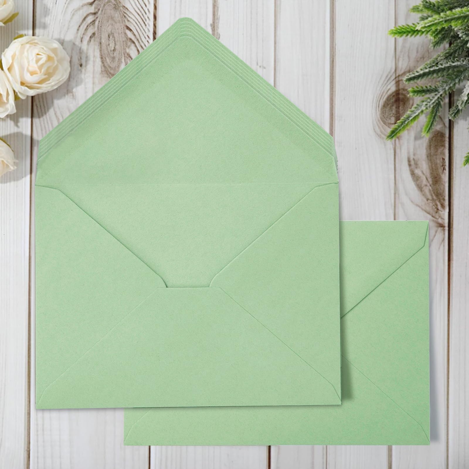 Whaline 50Pcs A7 Invitation Envelopes Set Pastel Green Greeting Card Envelopes V-Flap Envelopes Gift Card Sleeves For Mailing En