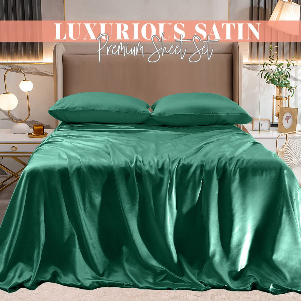 Elegant Comfort Luxurious 4-Piece Silky Satin Sheet Set, Skin And Hair Friendly, Wrinkle, Fade, Stain Resistant With Deep Pockets Fitted Sheet, Cooling Soft Satin Sheet Set, Full, Hunter Green