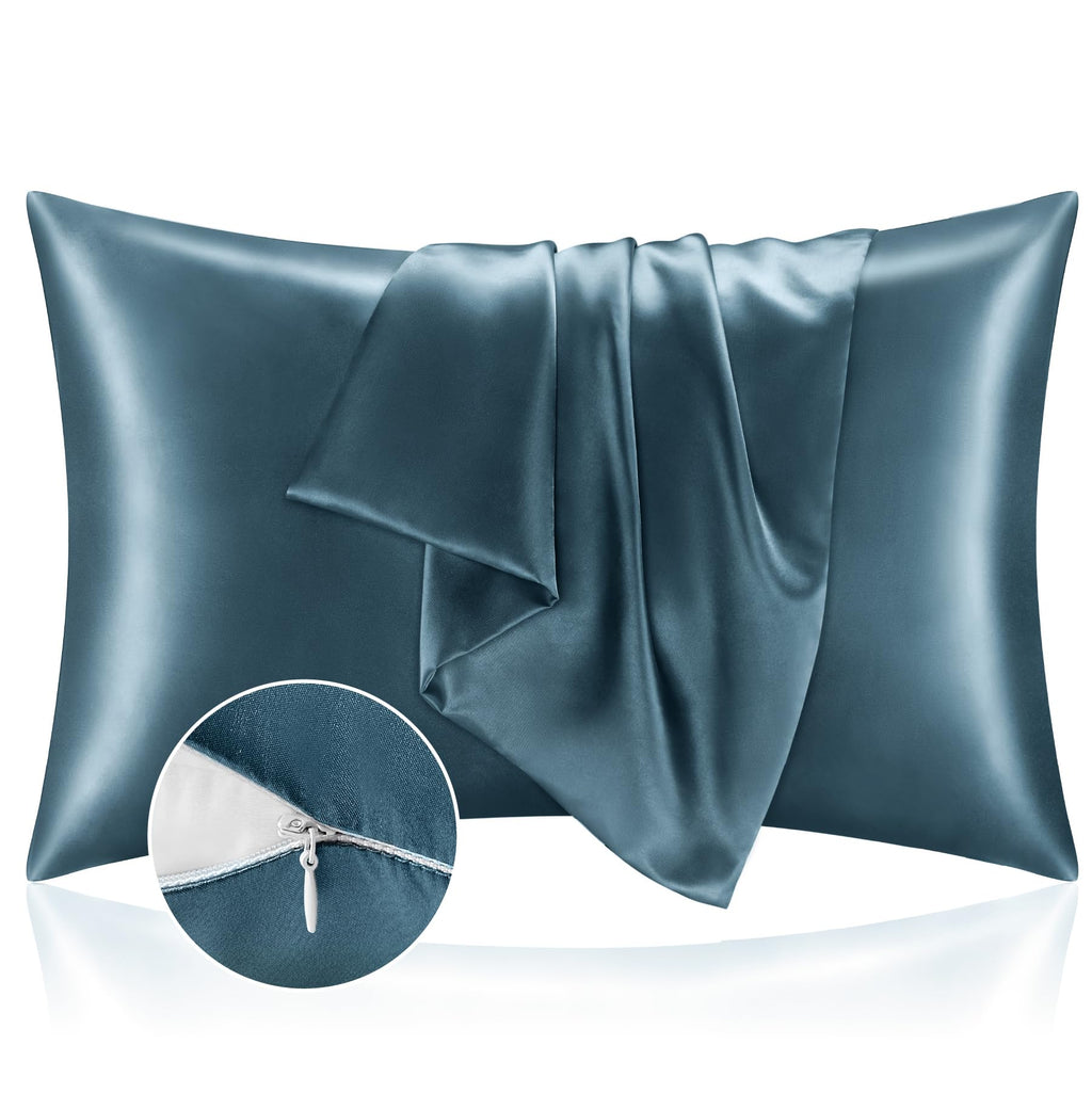 Bedelite Satin Pillowcase With Zipper, Bluesteel Pillow Cases Queen Size Set Of 2, Super Soft And Cooling Similar To Silk Pillow