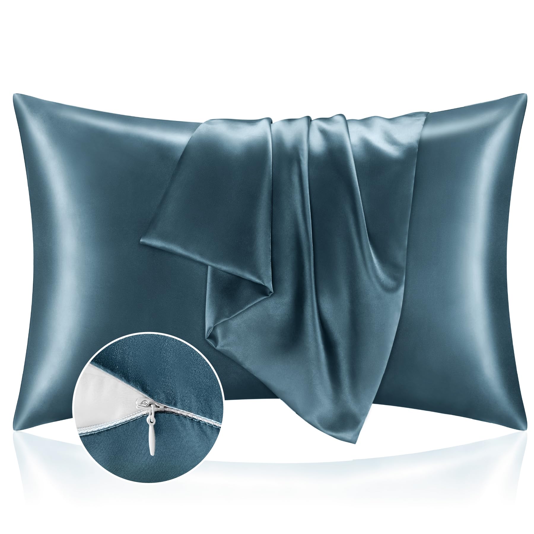 Bedelite Satin Pillowcase With Zipper, Bluesteel Pillow Cases Queen Size Set Of 2, Super Soft And Cooling Similar To Silk Pillow