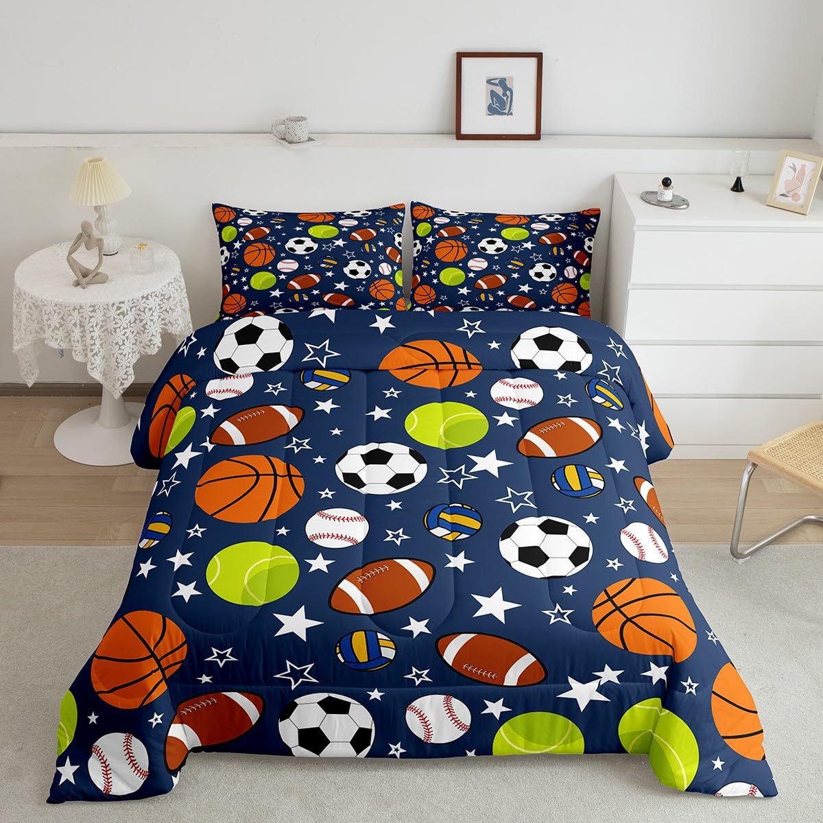 Feelyou Sports Theme Bedding Set King Size Basketball Football Baseball Tennis Comforter Set for Kids Boys Girls Teens Toddler S