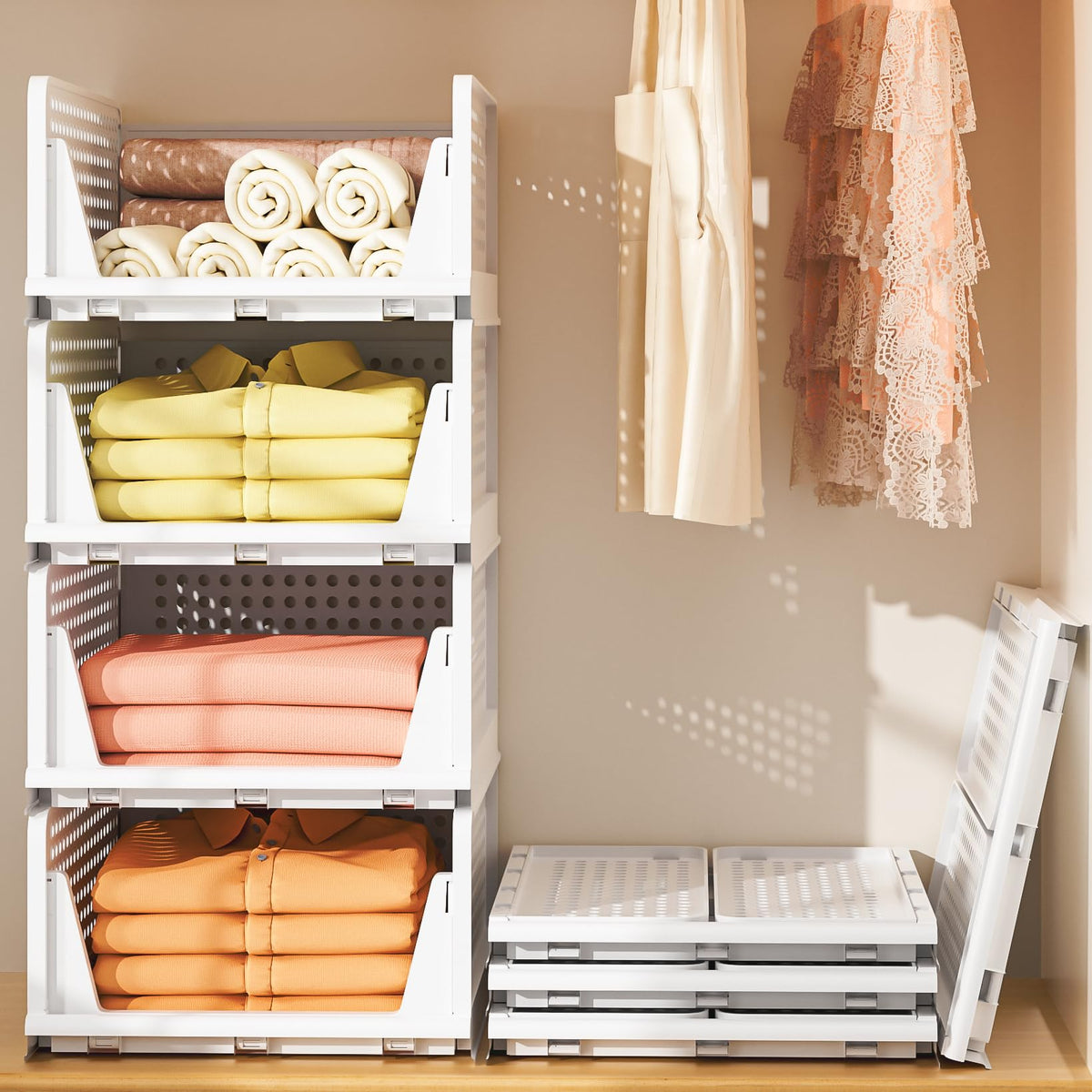 Neprock Stackable Plastic Storage Drawers For Closet Organizers And Storage,4 Pack Open Storage Bins Closet Shelf Clothes Organizer For Closet Wardrobe(4L)