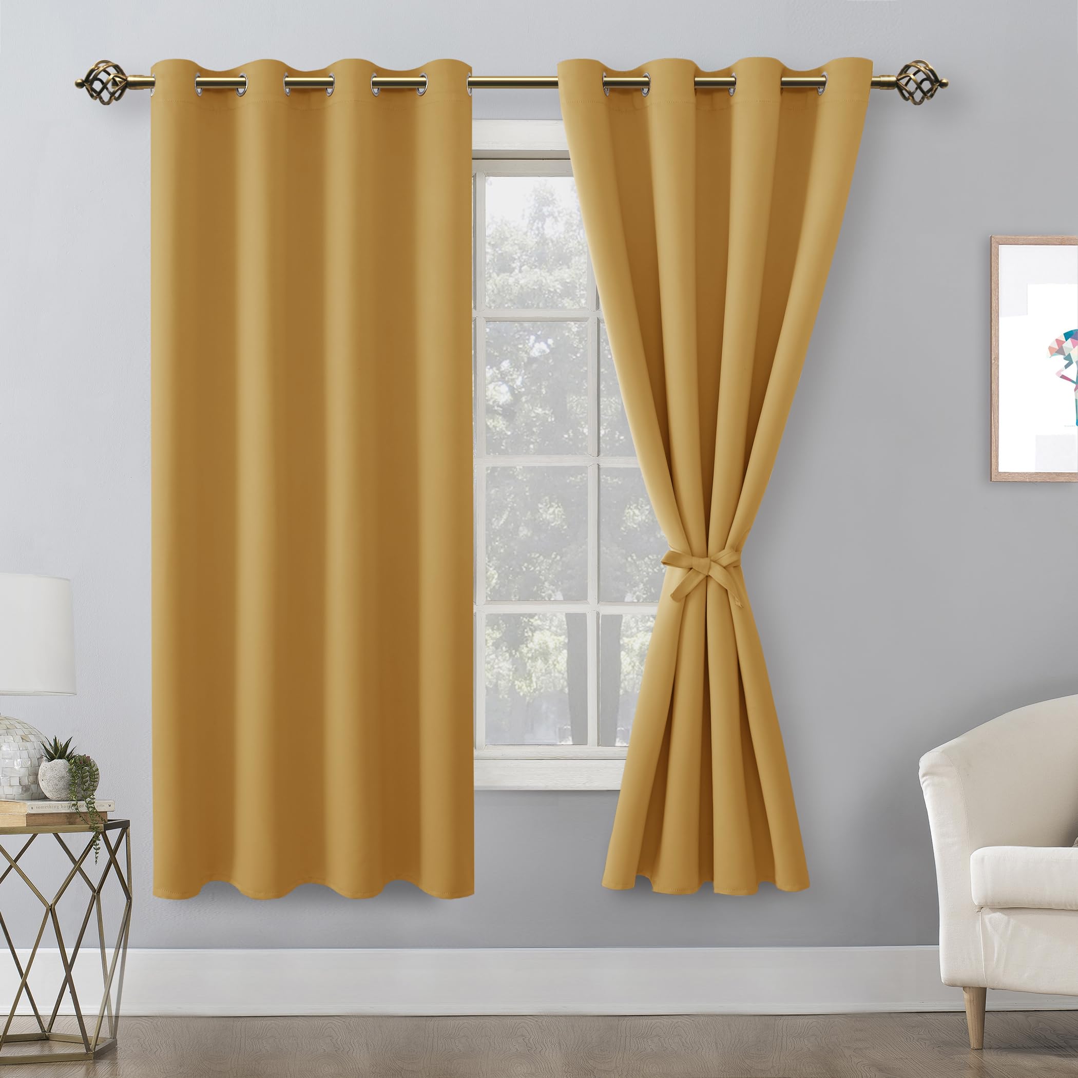 Hiasan Blackout Curtains For Bedroom, 52 X 63 Inches Length - Thermal Insulated & Light Blocking Window Curtains For Living Room, 2 Drape Panels Sewn With Tiebacks, Pumpkin Orange