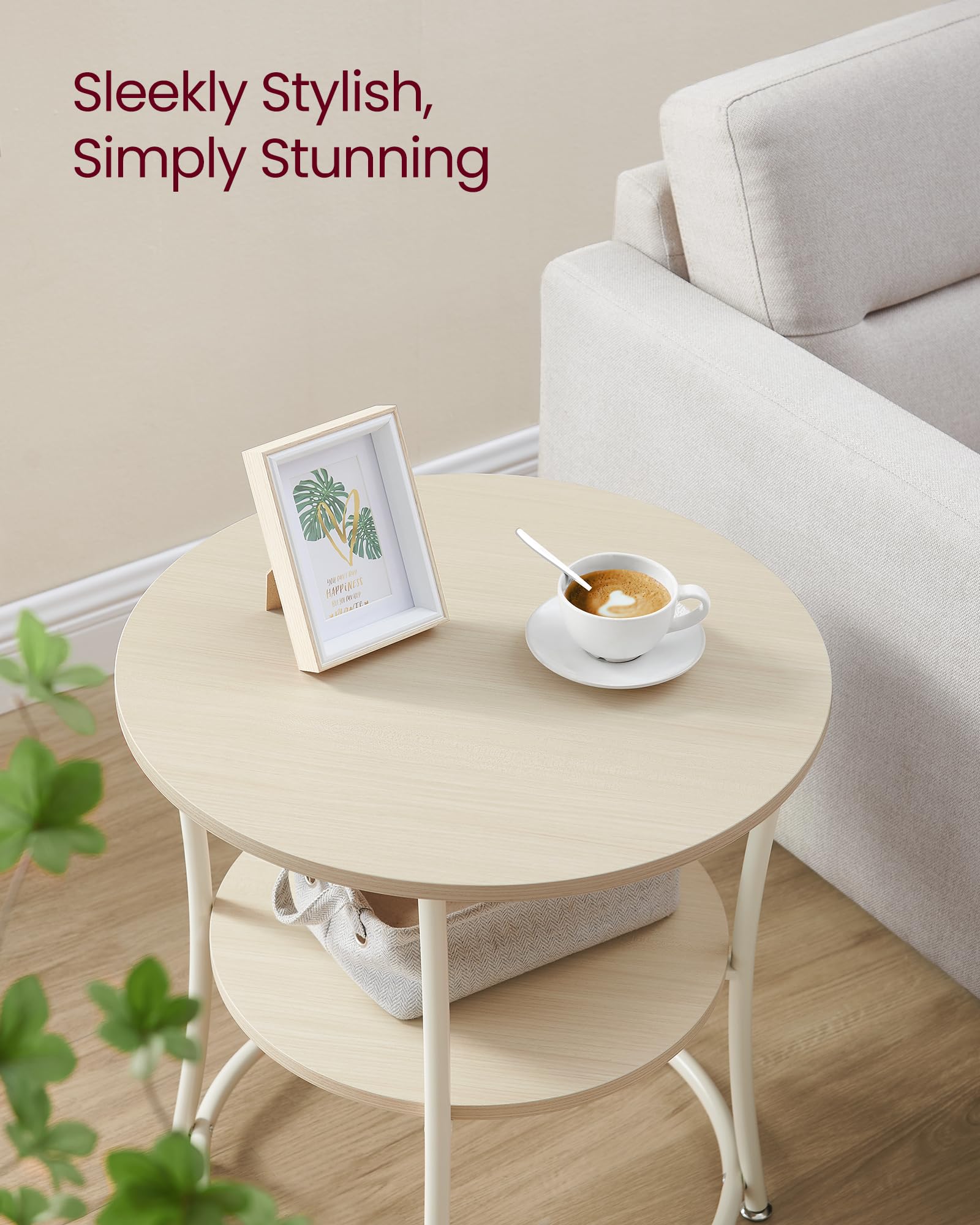 Vasagle Side Table, Round End Table With 2 Storage Shelves For Living Room, Bedroom, Nightstand With Steel Frame For Small Spaces, Accent Coffee Table, Natural Beige
