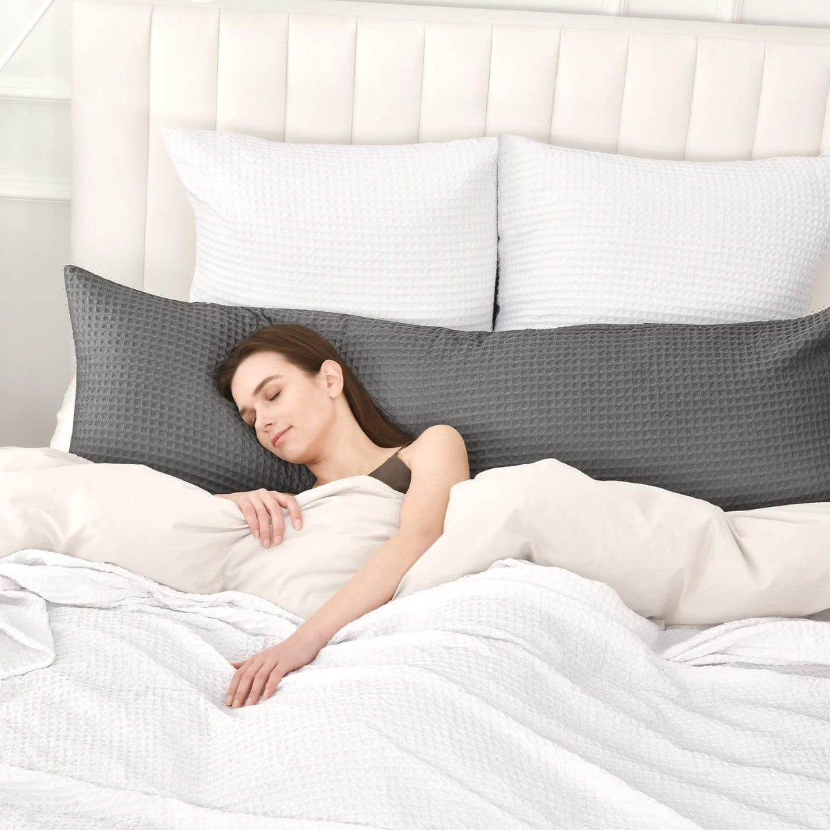Phf Ultra Soft Waffle Weave Body Pillowcase 20' X 54', No Insert, Breathable & Skin-Friendly Body Pillow Sham With Zipper, Decorative Waffle Weave Body Pillow Cover, Grey