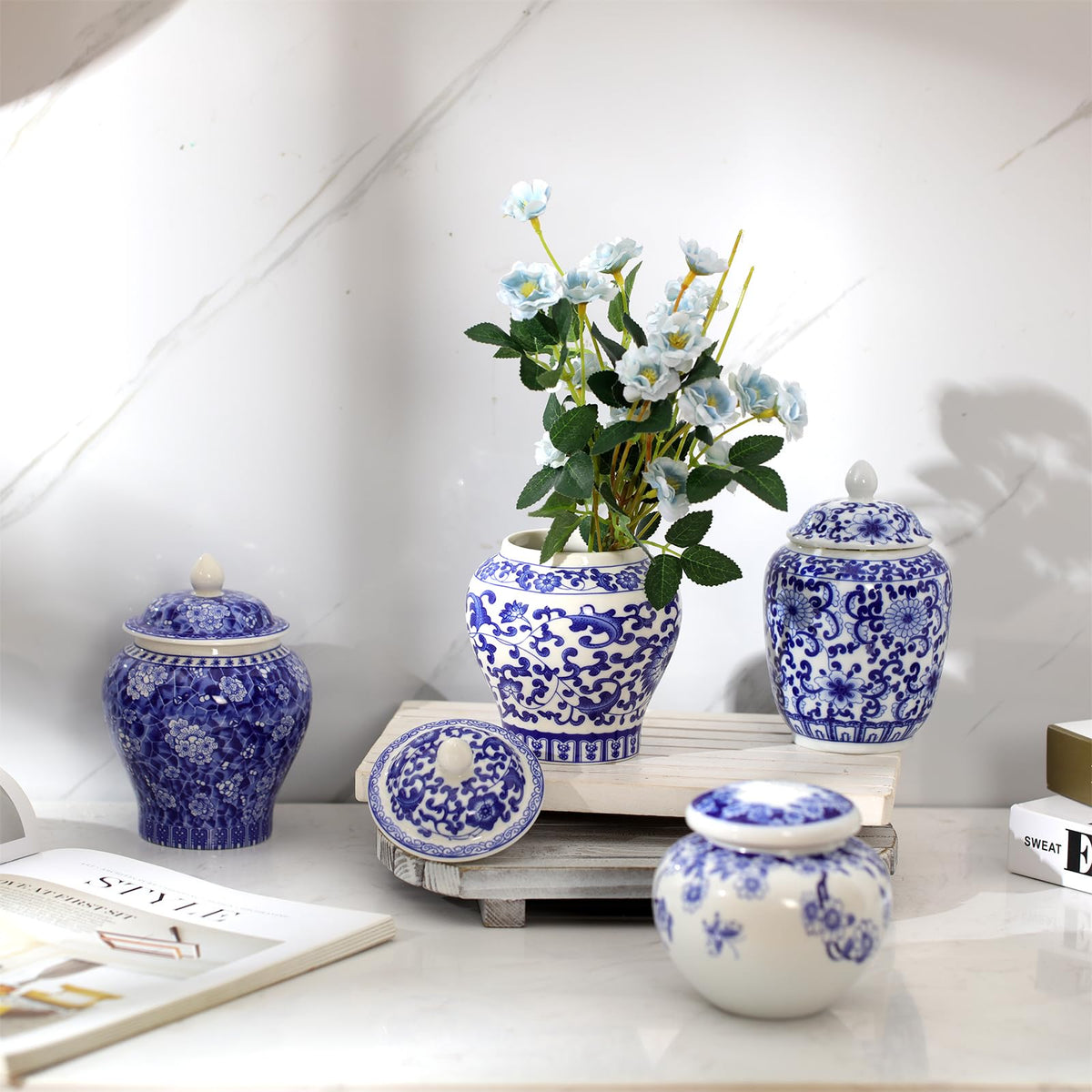 Hushee Set of 4 Small Blue and White Vase Porcelain Vases Blue Chinoiserie Decor Porcelain Ginger Jars for Home Decor Chinoiseri