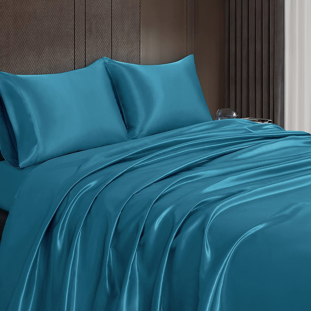 Homiest 4Pcs Satin Sheets Set Luxury Silky Satin Bedding Set With Deep Pocket, 1 Fitted Sheet + 1 Flat Sheet + 2 Pillowcases (Full Size, Lake Blue)