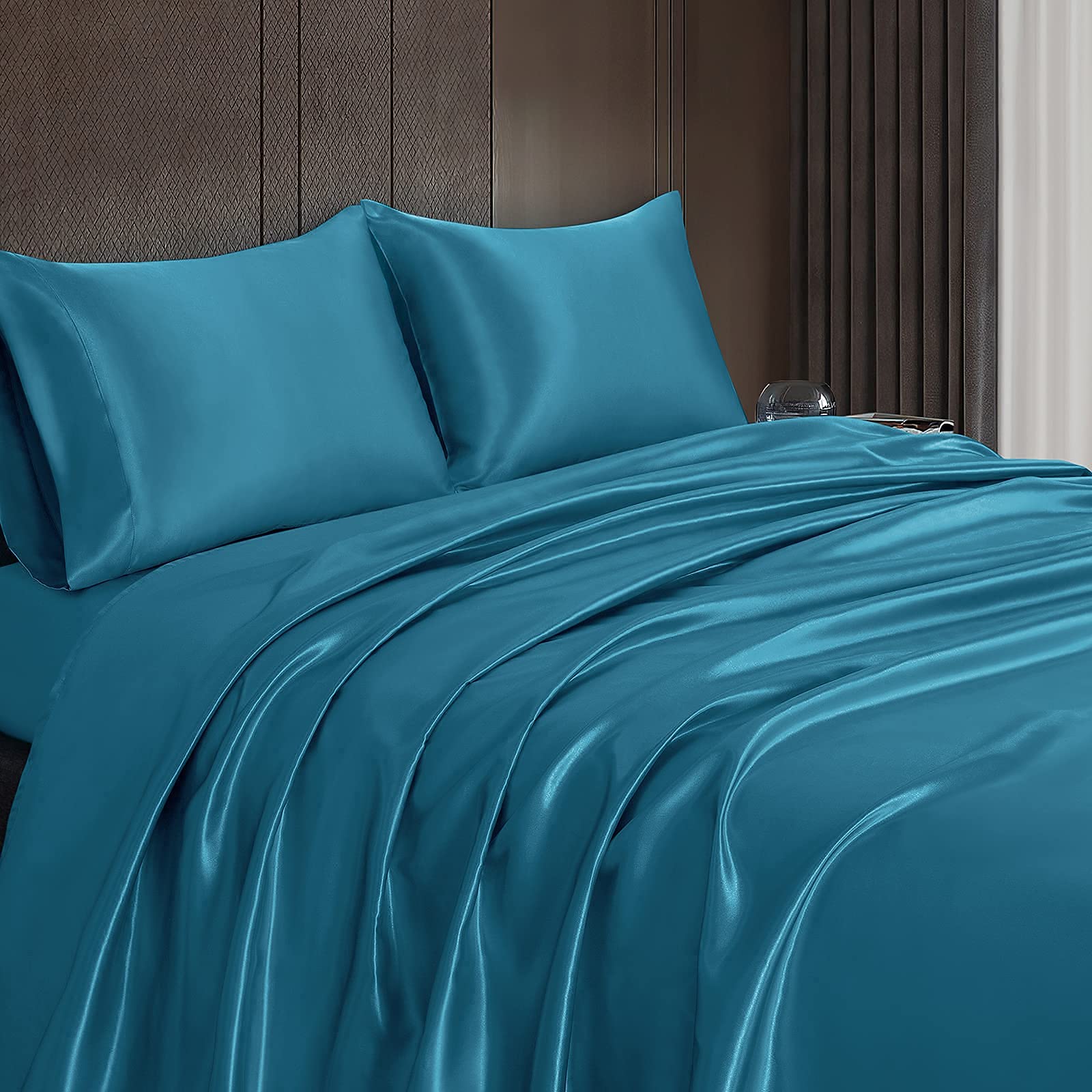 Homiest 4Pcs Satin Sheets Set Luxury Silky Satin Bedding Set With Deep Pocket, 1 Fitted Sheet + 1 Flat Sheet + 2 Pillowcases (Full Size, Lake Blue)